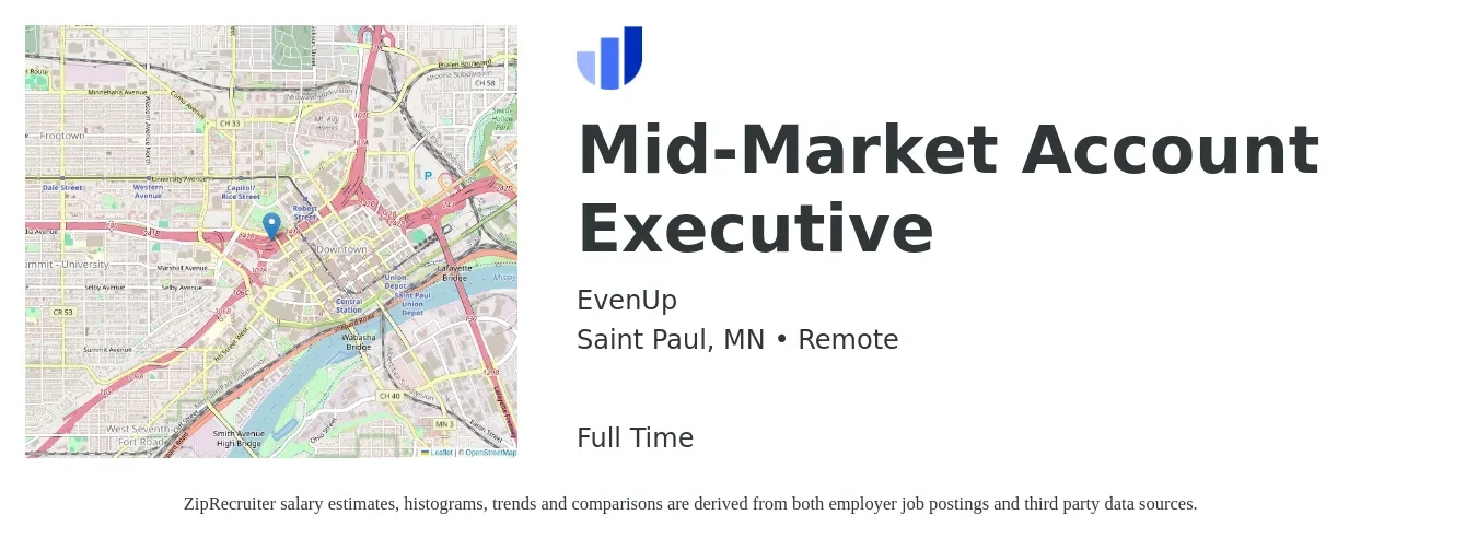 EvenUp job posting for a Mid-Market Account Executive in Saint Paul, MN with a salary of $54,600 to $96,100 Yearly with a map of Saint Paul location.
