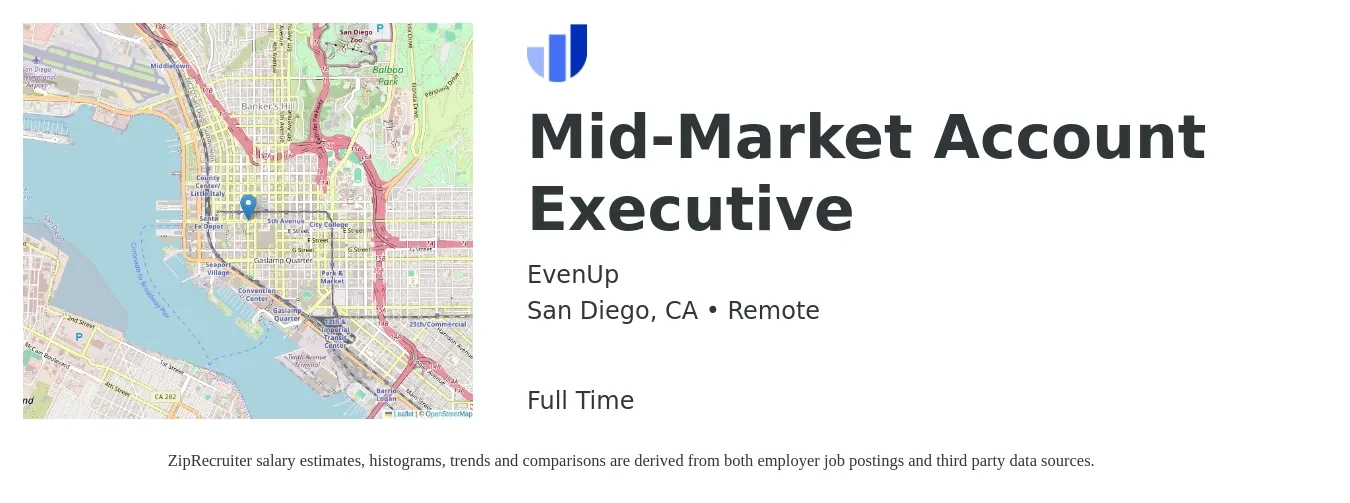 EvenUp job posting for a Mid-Market Account Executive in San Diego, CA with a salary of $57,300 to $100,900 Yearly with a map of San Diego location.