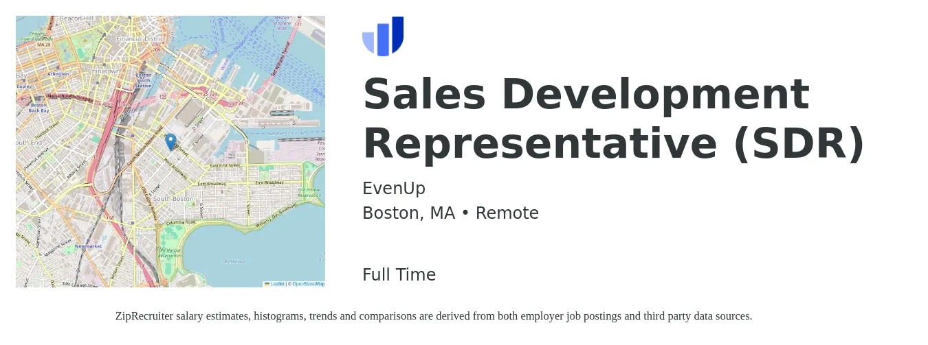 EvenUp job posting for a Sales Development Representative (SDR) in Boston, MA with a salary of $45,600 to $66,300 Yearly with a map of Boston location.