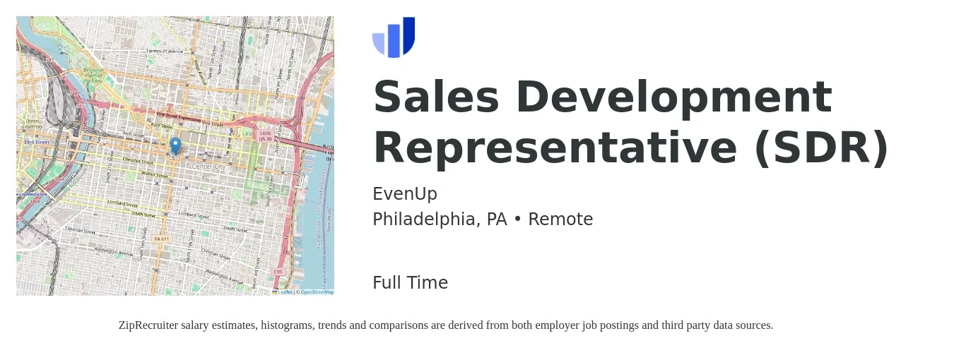EvenUp job posting for a Sales Development Representative (SDR) in Philadelphia, PA with a salary of $42,400 to $61,600 Yearly with a map of Philadelphia location.