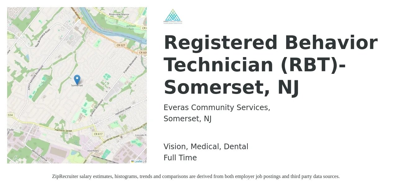 Everas Community Services, job posting for a Registered Behavior Technician (RBT)- Somerset, NJ in Somerset, NJ with a salary of $19 to $25 Hourly and benefits including dental, life_insurance, medical, retirement, and vision with a map of Somerset location.