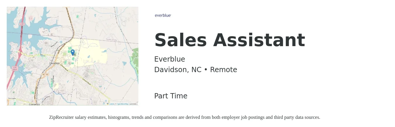 Everblue job posting for a Sales Assistant in Davidson, NC with a salary of $17 to $23 Hourly with a map of Davidson location.