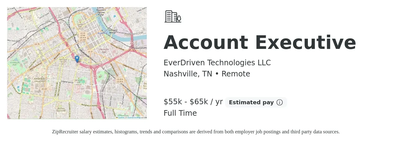 EverDriven Technologies LLC job posting for a Account Executive in Nashville, TN with a salary of $55,000 to $65,000 Yearly with a map of Nashville location.