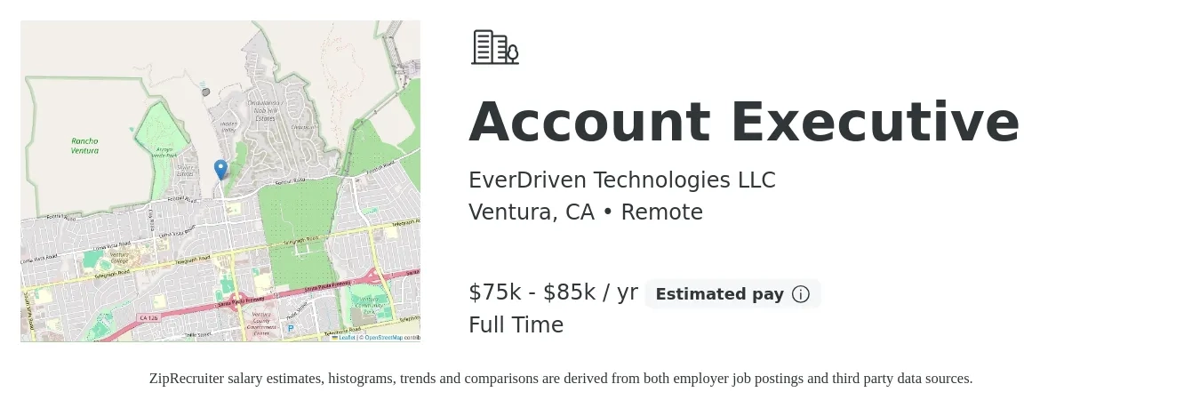 EverDriven Technologies LLC job posting for a Account Executive in Ventura, CA with a salary of $60,000 to $70,000 Yearly with a map of Ventura location.