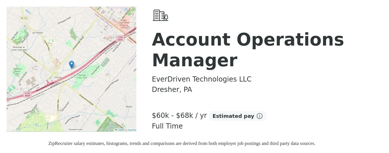 EverDriven Technologies LLC job posting for a Account Operations Manager in Dresher, PA with a salary of $60,000 to $68,000 Yearly with a map of Dresher location.