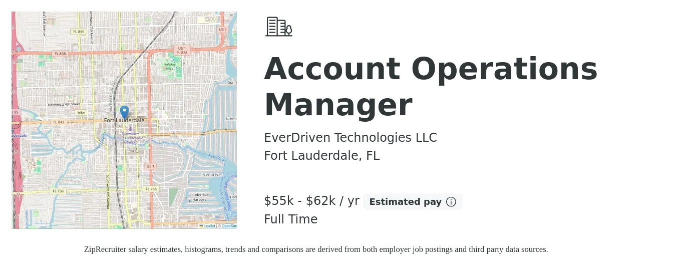 EverDriven Technologies LLC job posting for a Account Operations Manager in Fort Lauderdale, FL with a salary of $55,000 to $62,000 Yearly with a map of Fort Lauderdale location.