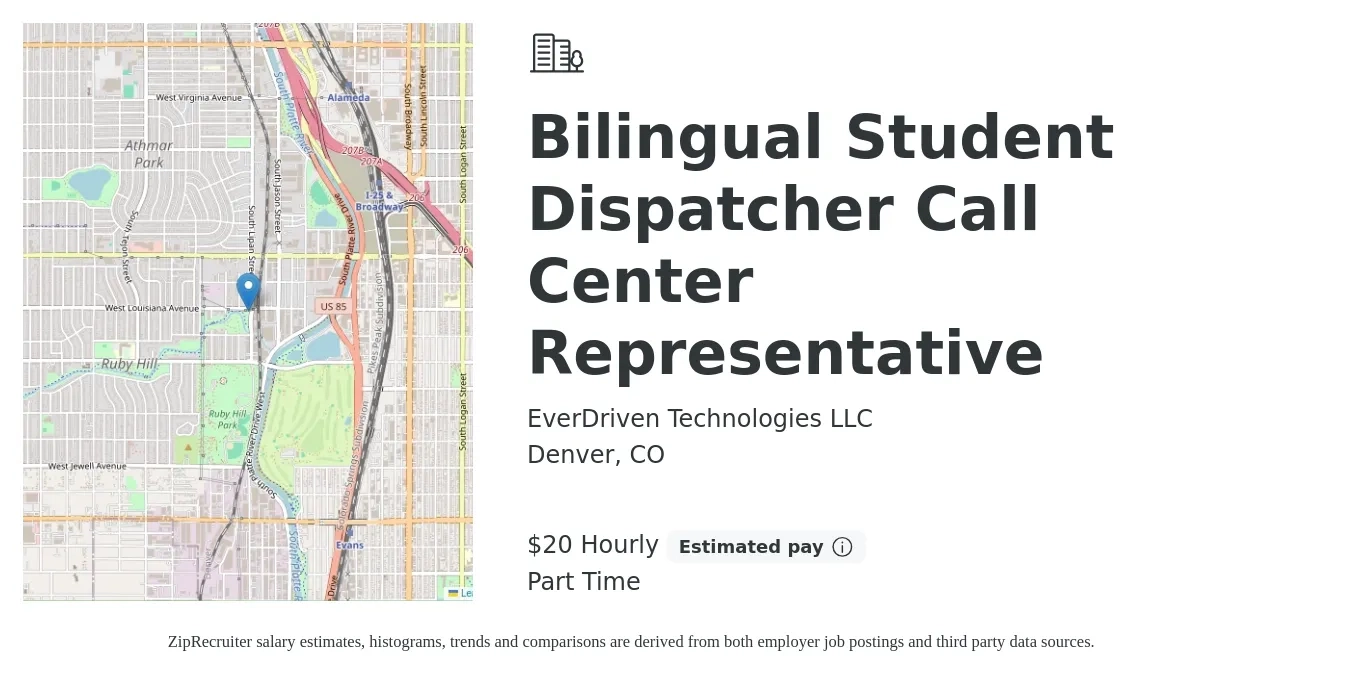 EverDriven Technologies LLC job posting for a Bilingual Student Dispatcher Call Center Representative in Denver, CO with a salary of $21 Hourly with a map of Denver location.