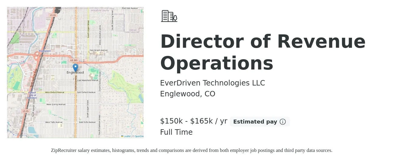 EverDriven Technologies LLC job posting for a Director of Revenue Operations in Englewood, CO with a salary of $150,000 to $165,000 Yearly with a map of Englewood location.