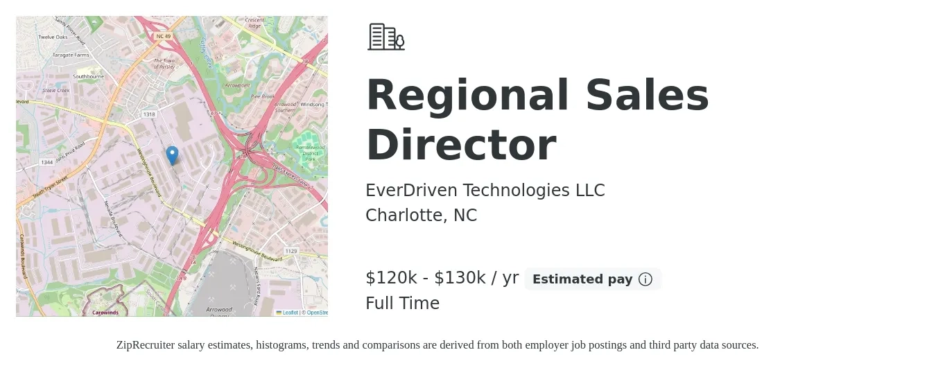 EverDriven Technologies LLC job posting for a Regional Sales Director in Charlotte, NC with a salary of $120,000 to $130,000 Yearly with a map of Charlotte location.