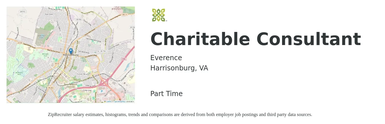 Everence job posting for a Charitable Consultant in Harrisonburg, VA with a salary of $54 to $80 Hourly with a map of Harrisonburg location.