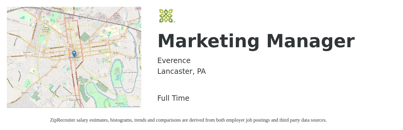 Everence job posting for a Marketing Manager in Lancaster, PA with a salary of $57,600 to $94,100 Yearly with a map of Lancaster location.