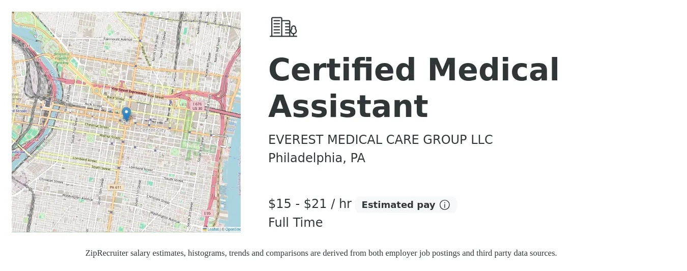 EVEREST MEDICAL CARE GROUP LLC job posting for a Certified Medical Assistant in Philadelphia, PA with a salary of $16 to $20 Hourly with a map of Philadelphia location.