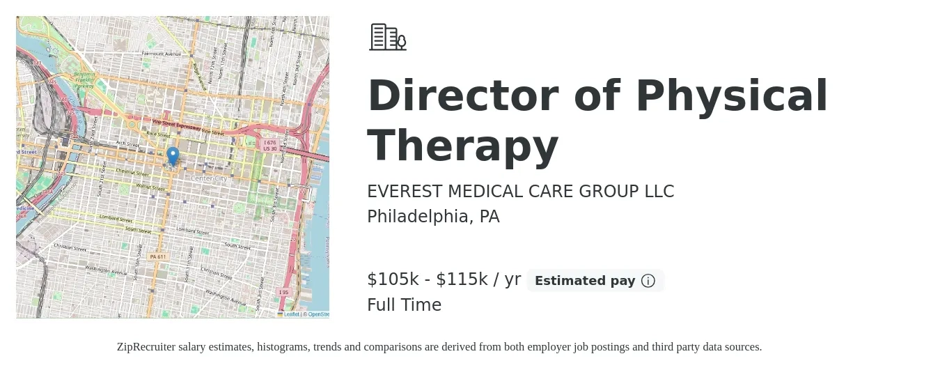 EVEREST MEDICAL CARE GROUP LLC job posting for a Director of Physical Therapy in Philadelphia, PA with a salary of $105,000 to $115,000 Yearly with a map of Philadelphia location.