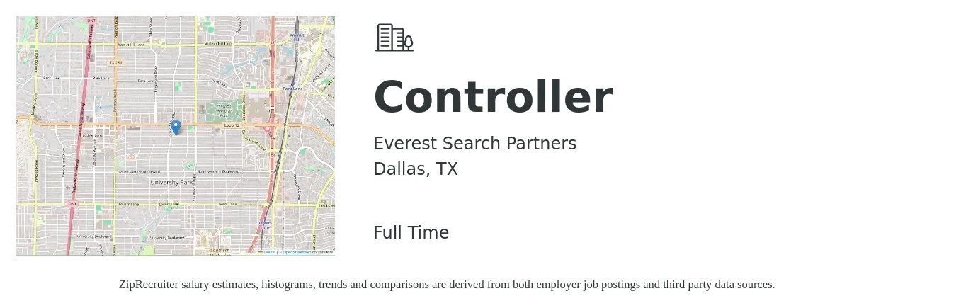 Everest Search Partners job posting for a Controller in Dallas, TX with a salary of $96,000 to $137,000 Yearly with a map of Dallas location.