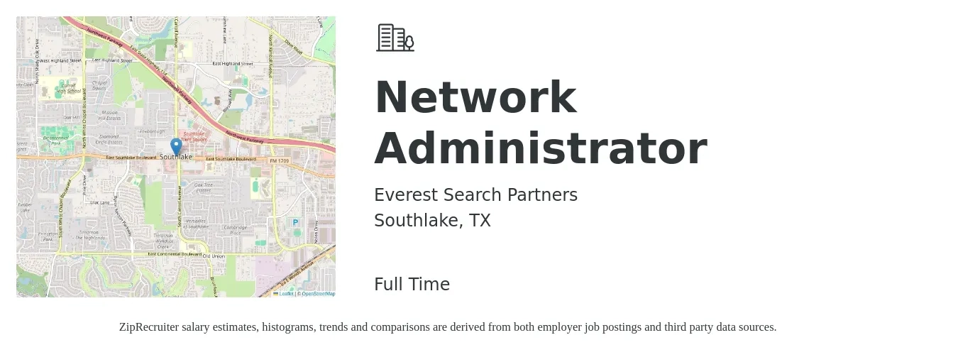 Everest Search Partners job posting for a Network Administrator in Southlake, TX with a salary of $61,700 to $88,000 Yearly with a map of Southlake location.