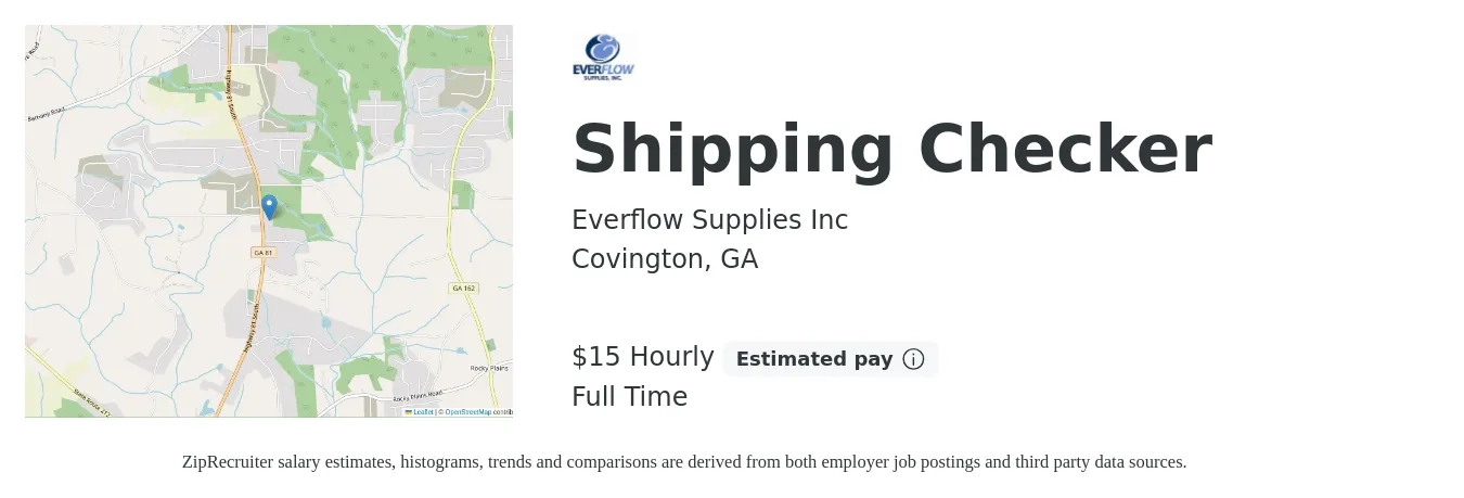 Everflow Supplies Inc job posting for a Shipping Checker in Covington, GA with a salary of $16 Hourly with a map of Covington location.
