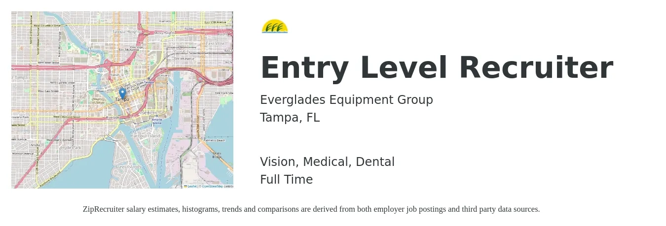 Everglades Equipment Group job posting for a Entry Level Recruiter in Tampa, FL with a salary of $34,000 to $44,900 Yearly and benefits including dental, life_insurance, medical, pto, retirement, and vision with a map of Tampa location.