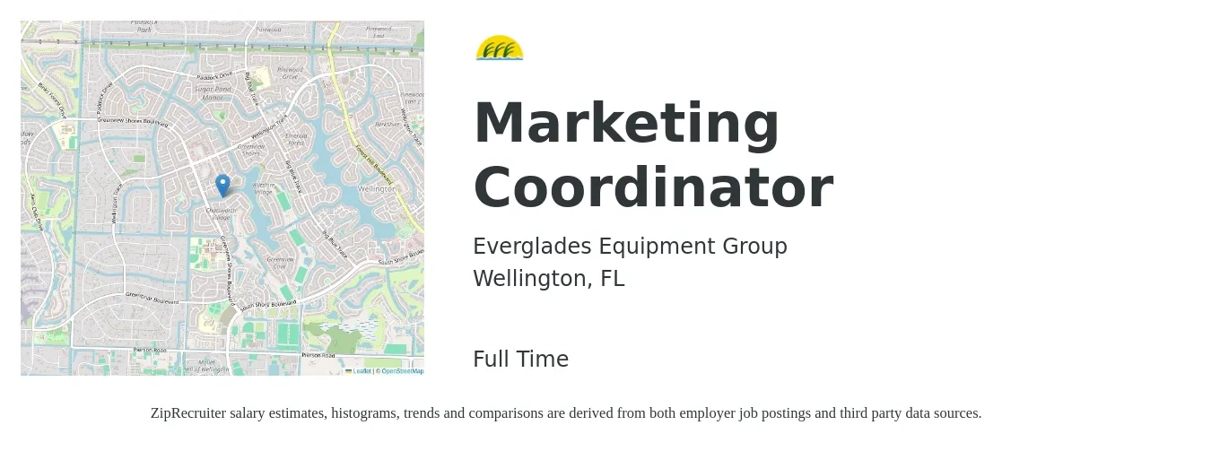 Everglades Equipment Group job posting for a Marketing Coordinator in Wellington, FL with a salary of $39,700 to $54,700 Yearly with a map of Wellington location.