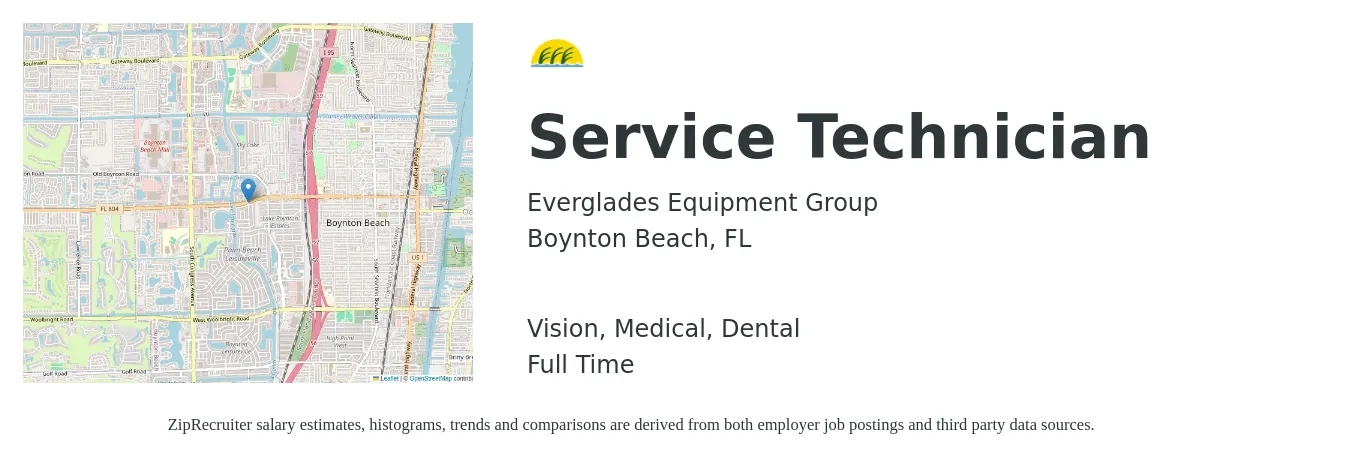 Everglades Equipment Group job posting for a Service Technician in Boynton Beach, FL with a salary of $19 to $26 Hourly and benefits including retirement, vision, dental, life_insurance, and medical with a map of Boynton Beach location.