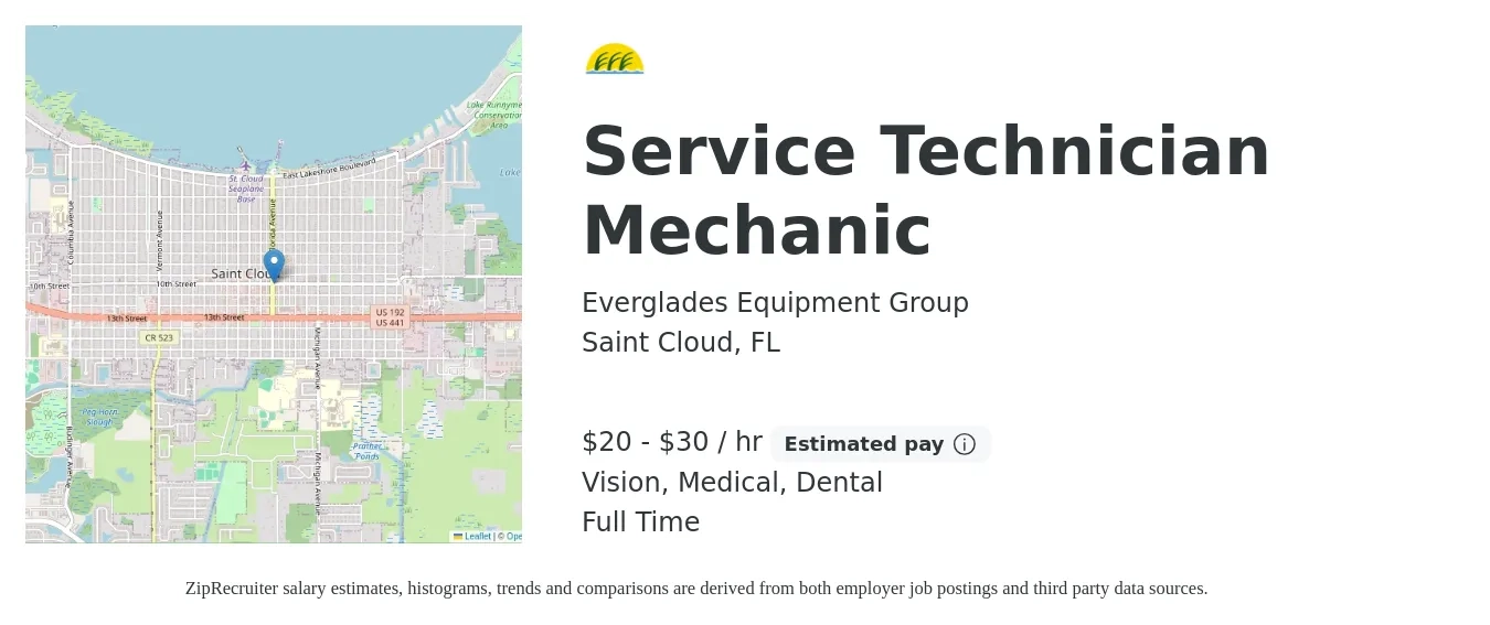 Everglades Equipment Group job posting for a Service Technician Mechanic in Saint Cloud, FL with a salary of $21 to $32 Hourly (plus commission) and benefits including retirement, vision, dental, life_insurance, and medical with a map of Saint Cloud location.