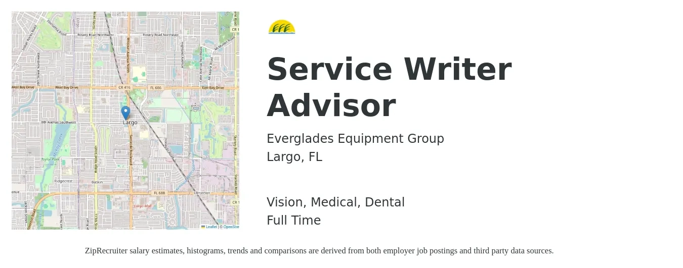Everglades Equipment Group job posting for a Service Writer Advisor in Largo, FL with a salary of $16 to $24 Hourly and benefits including medical, pto, retirement, vision, dental, and life_insurance with a map of Largo location.