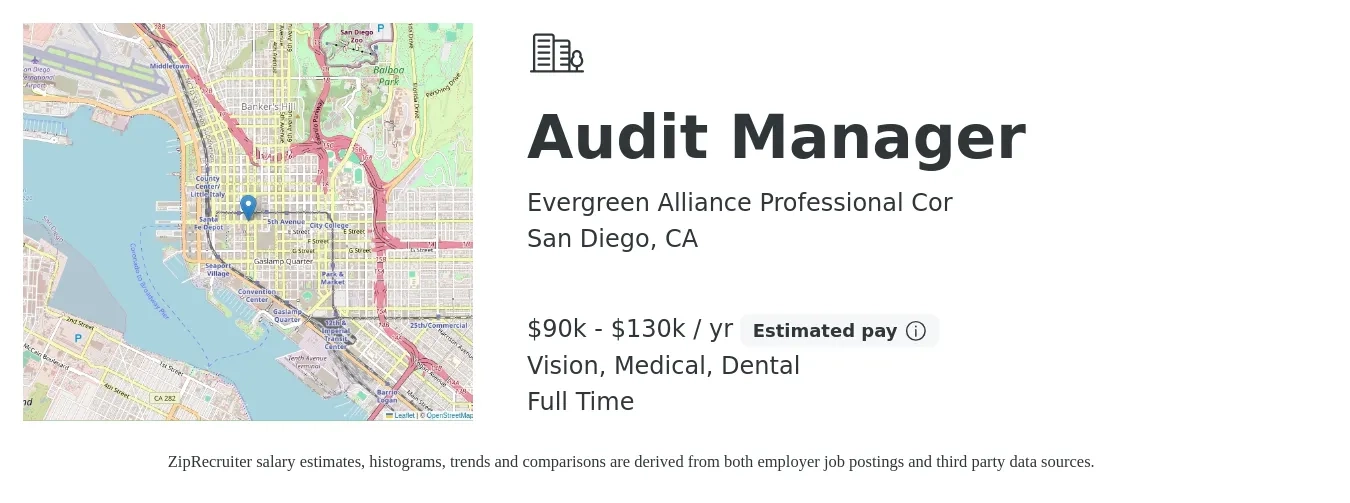 Evergreen Alliance Professional Cor job posting for a Audit Manager in San Diego, CA with a salary of $90,000 to $130,000 Yearly and benefits including retirement, vision, dental, medical, and pto with a map of San Diego location.