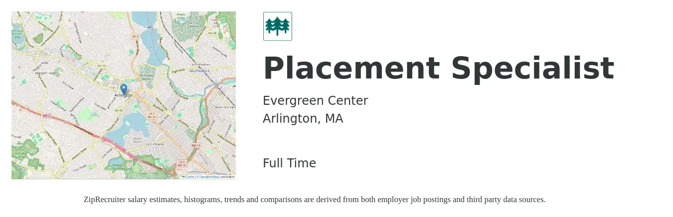Evergreen Center job posting for a Placement Specialist in Arlington, MA with a salary of $44,200 to $68,500 Yearly with a map of Arlington location.