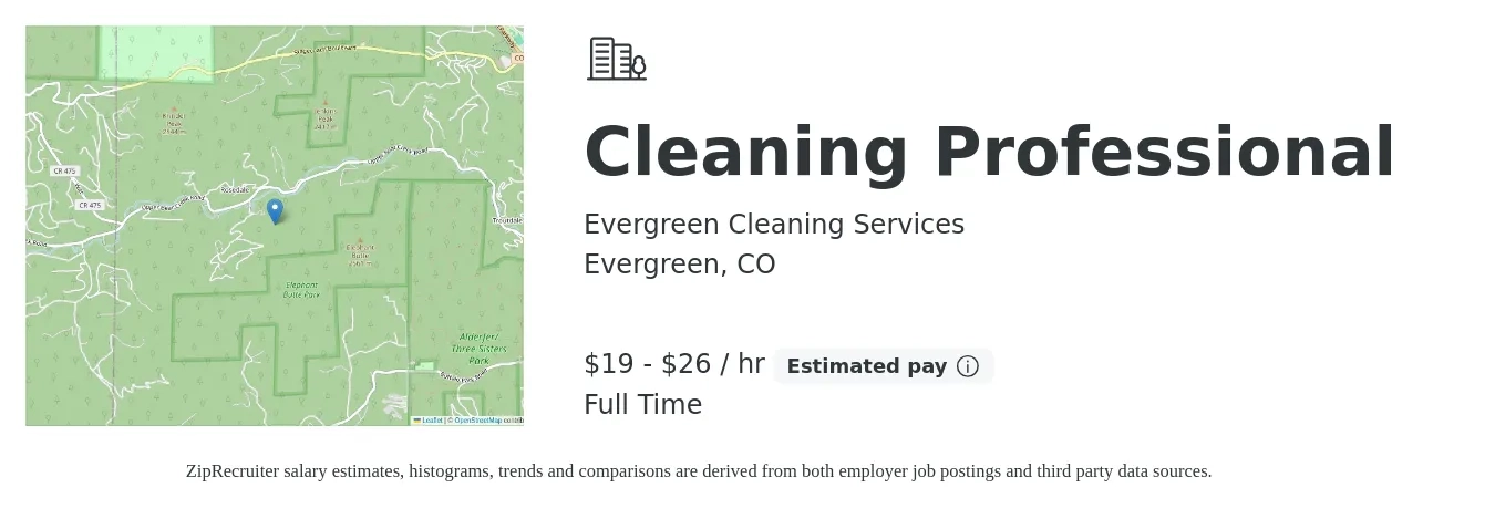 Evergreen Cleaning Services job posting for a Cleaning Professional in Evergreen, CO with a salary of $20 to $28 Hourly with a map of Evergreen location.