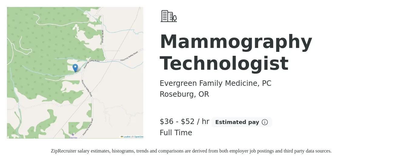 Evergreen Family Medicine, PC job posting for a Mammography Technologist in Roseburg, OR with a salary of $38 to $55 Hourly with a map of Roseburg location.