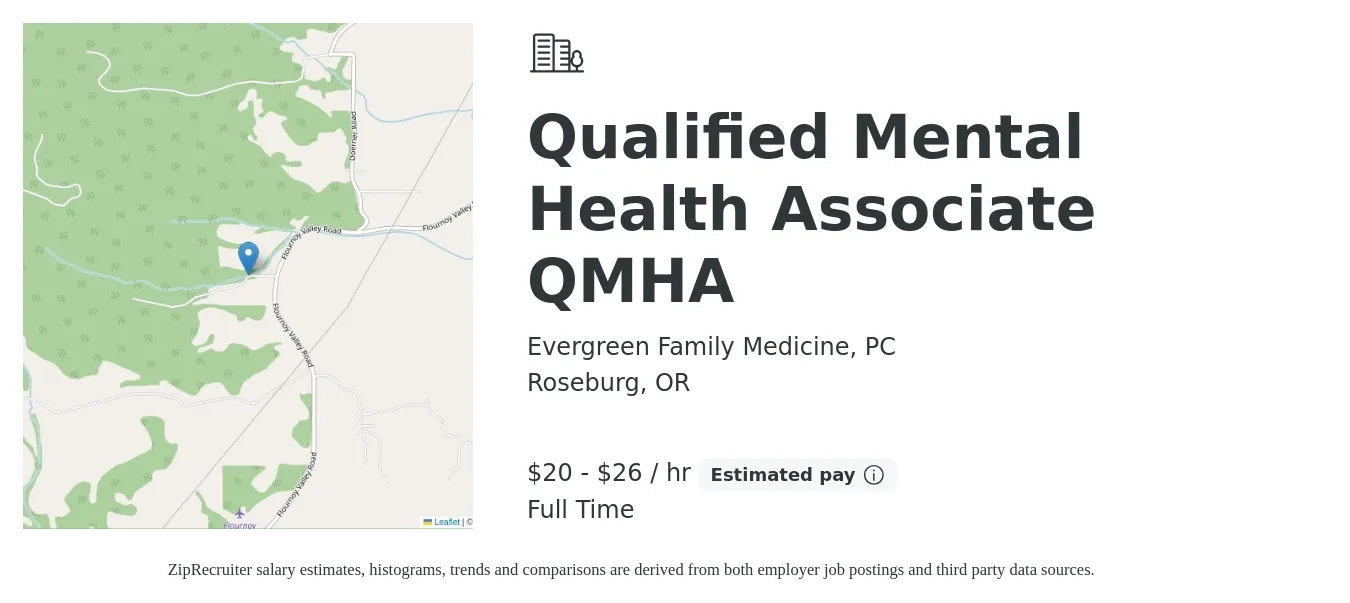 Evergreen Family Medicine, PC job posting for a Qualified Mental Health Associate QMHA in Roseburg, OR with a salary of $21 to $27 Hourly with a map of Roseburg location.