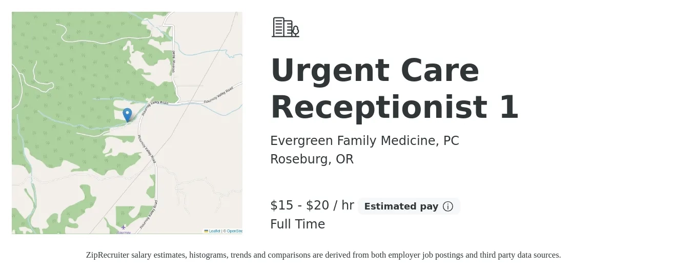 Evergreen Family Medicine, PC job posting for a Urgent Care Receptionist 1 in Roseburg, OR with a salary of $16 to $21 Hourly with a map of Roseburg location.