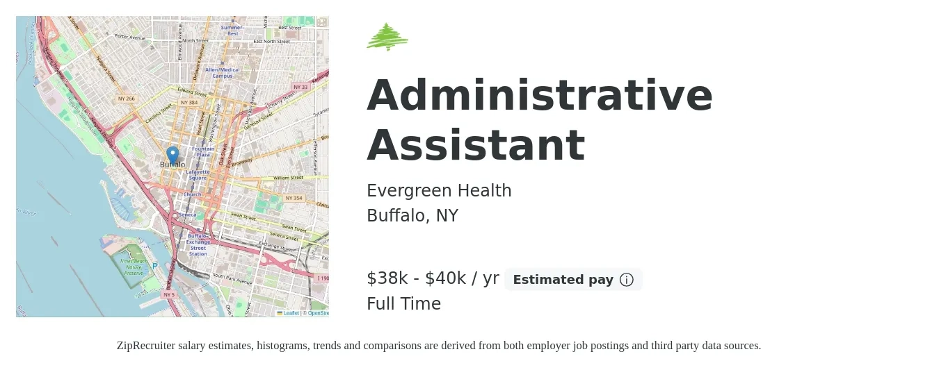 Evergreen Health job posting for a Administrative Assistant in Buffalo, NY with a salary of $38,000 to $40,000 Yearly with a map of Buffalo location.