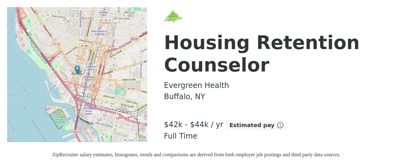 Evergreen Health job posting for a Housing Retention Counselor in Buffalo, NY with a salary of $42,000 to $44,000 Yearly with a map of Buffalo location.