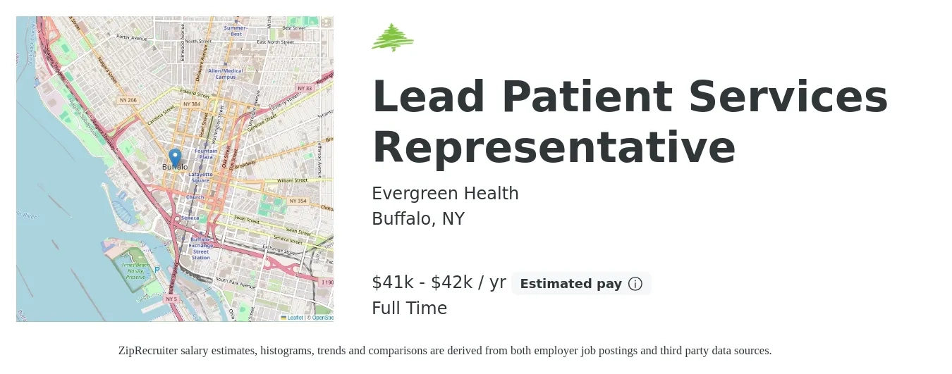 Evergreen Health job posting for a Lead Patient Services Representative in Buffalo, NY with a salary of $41,000 to $42,300 Yearly with a map of Buffalo location.