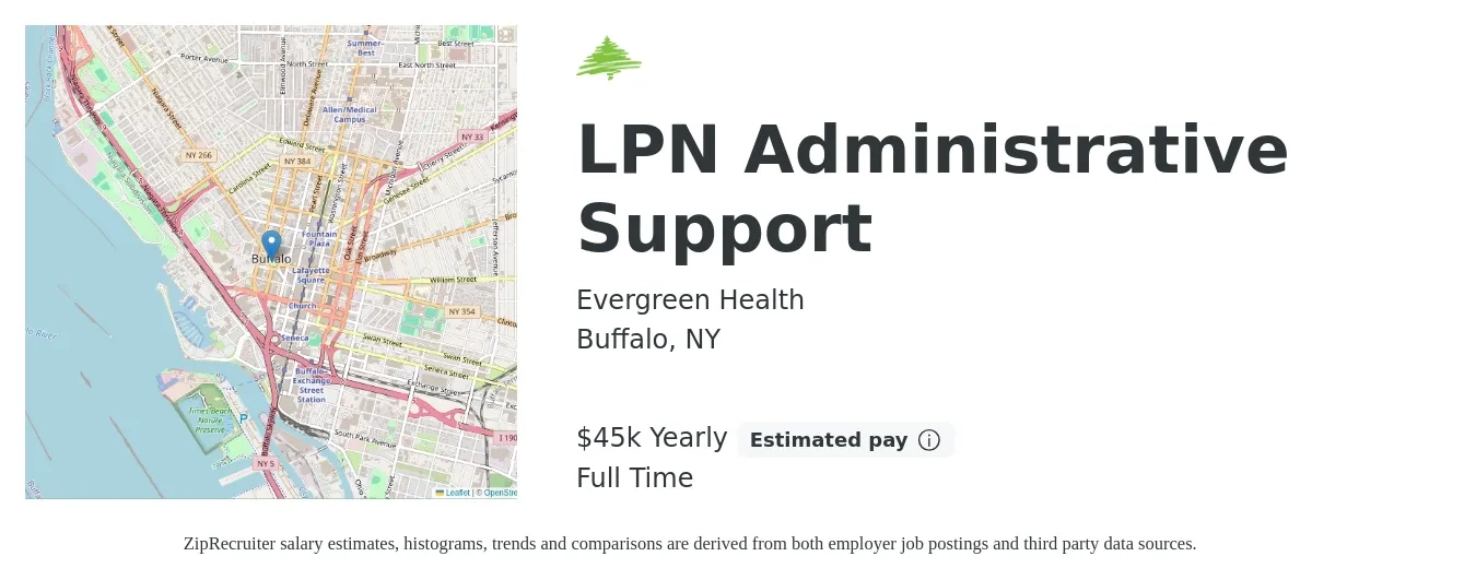 Evergreen Health job posting for a LPN Administrative Support in Buffalo, NY with a salary of $45,100 Yearly with a map of Buffalo location.