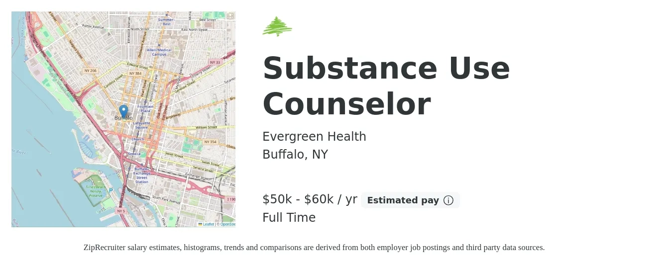 Evergreen Health job posting for a Substance Use Counselor in Buffalo, NY with a salary of $50,000 to $60,000 Yearly with a map of Buffalo location.