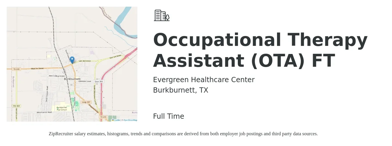 Evergreen Healthcare Center job posting for a Occupational Therapy Assistant (OTA) FT in Burkburnett, TX with a salary of $25 to $34 Hourly with a map of Burkburnett location.