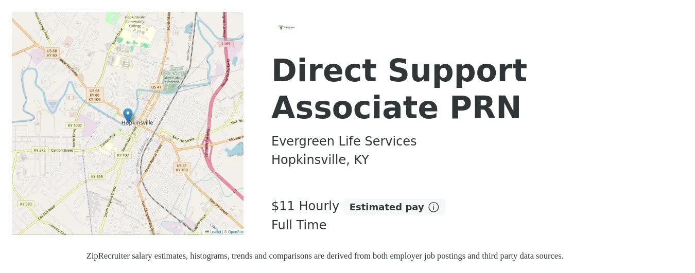 Evergreen Life Services job posting for a Direct Support Associate PRN in Hopkinsville, KY with a salary of $12 Hourly with a map of Hopkinsville location.