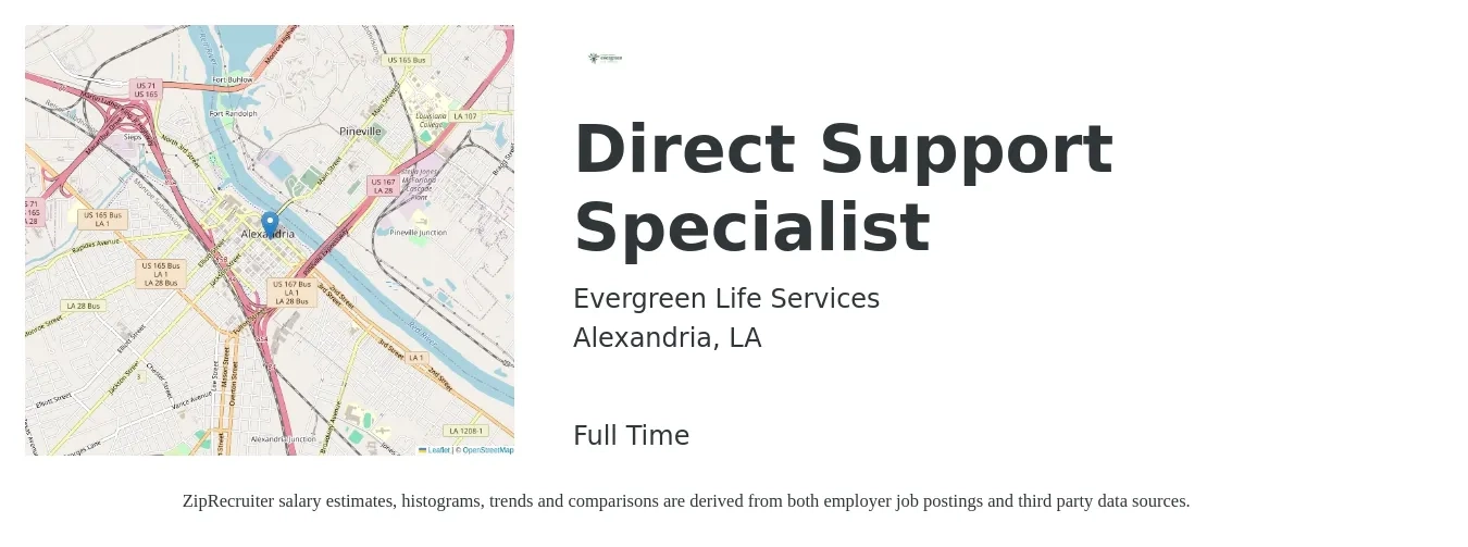 Evergreen Life Services job posting for a Direct Support Specialist in Alexandria, LA with a salary of $10 Hourly with a map of Alexandria location.