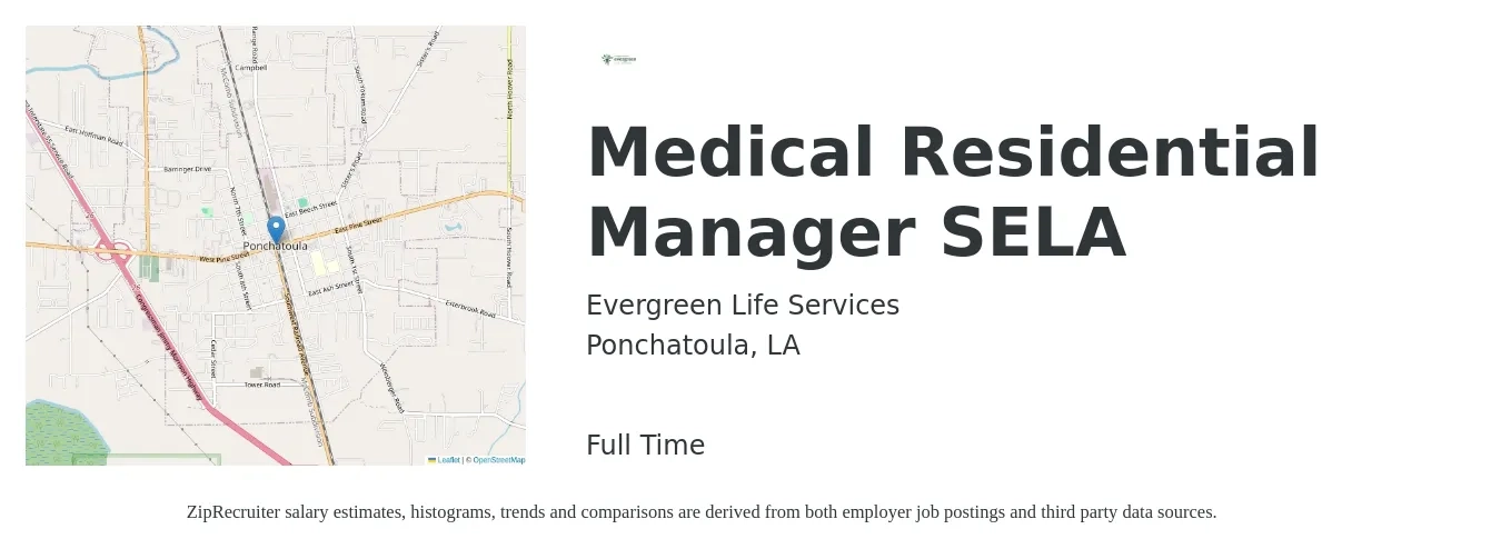 Evergreen Life Services job posting for a Medical Residential Manager SELA in Ponchatoula, LA with a salary of $33,900 to $48,200 Yearly with a map of Ponchatoula location.