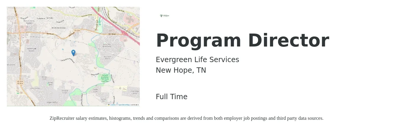 Evergreen Life Services job posting for a Program Director in New Hope, TN with a salary of $51,000 to $89,000 Yearly with a map of New Hope location.