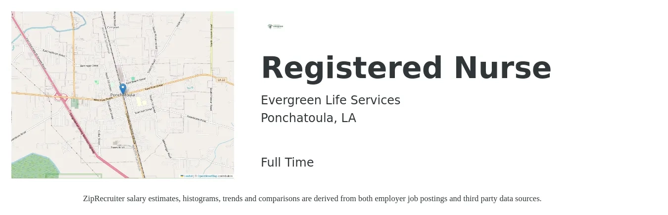 Evergreen Life Services job posting for a Registered Nurse in Ponchatoula, LA with a salary of $26 to $42 Hourly with a map of Ponchatoula location.