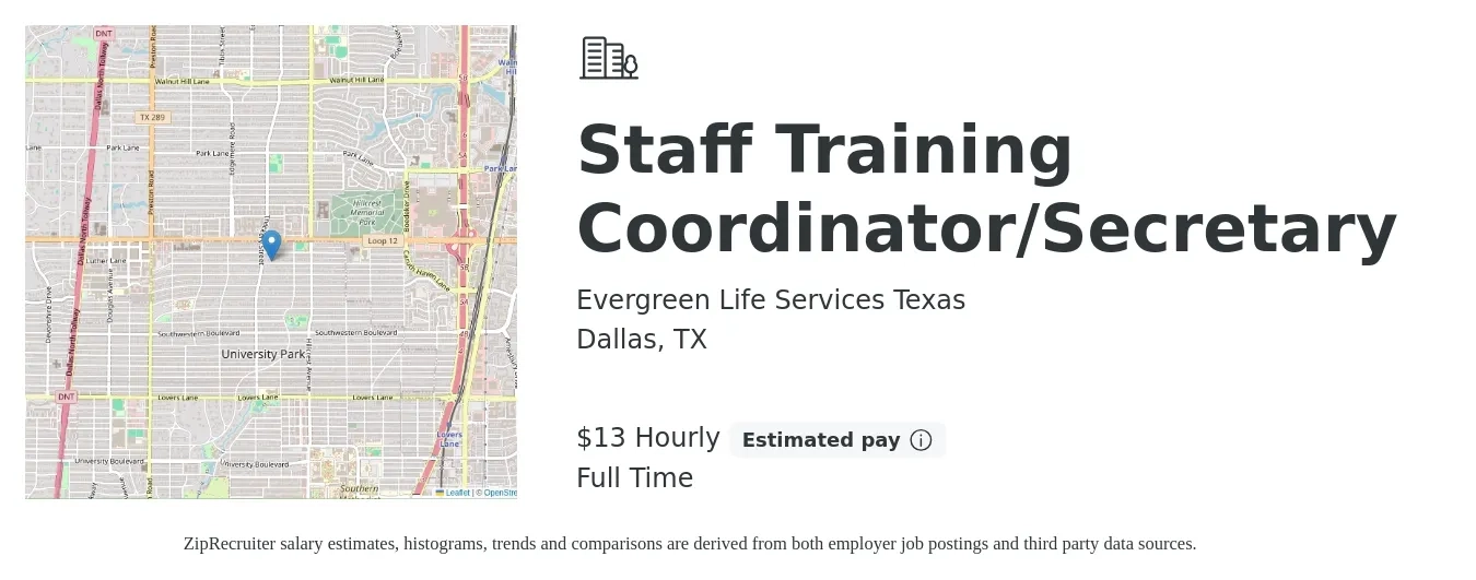 Evergreen Life Services Texas job posting for a Staff Training Coordinator/Secretary in Dallas, TX with a salary of $14 Hourly with a map of Dallas location.