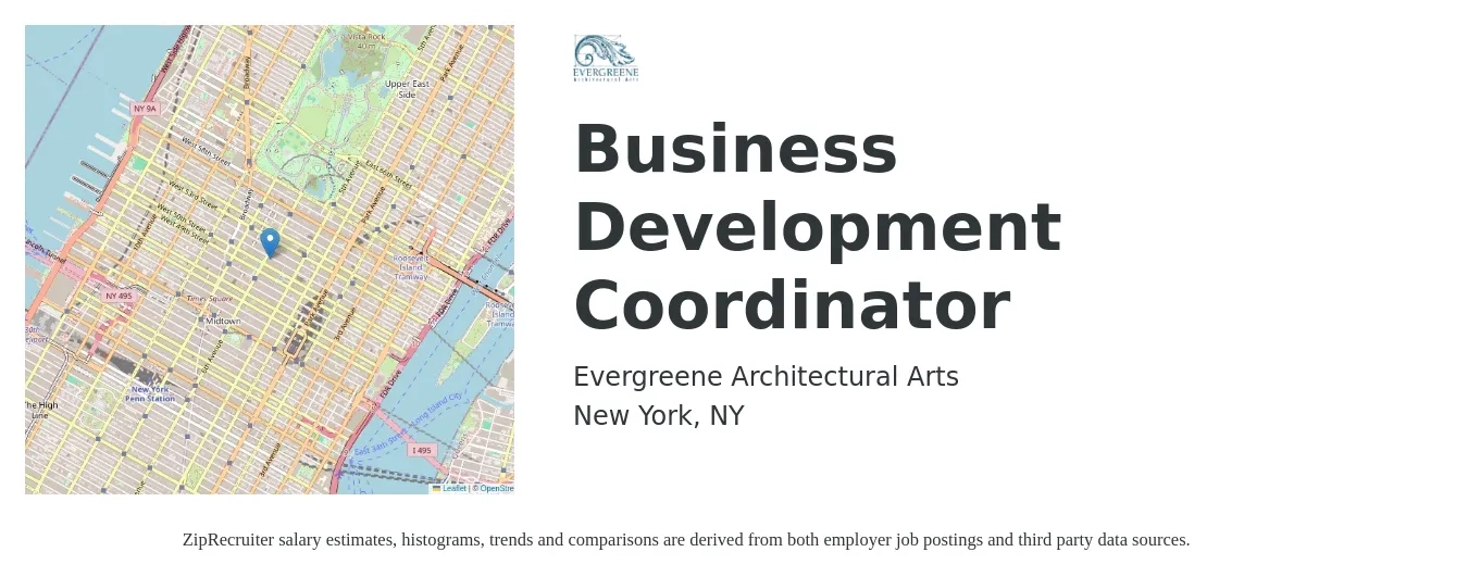 Evergreene Architectural Arts job posting for a Business Development Coordinator in New York, NY with a salary of $60,000 to $65,000 Yearly with a map of New York location.