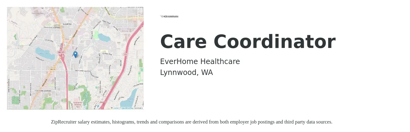EverHome Healthcare job posting for a Care Coordinator in Lynnwood, WA with a salary of $25 to $30 Hourly with a map of Lynnwood location.