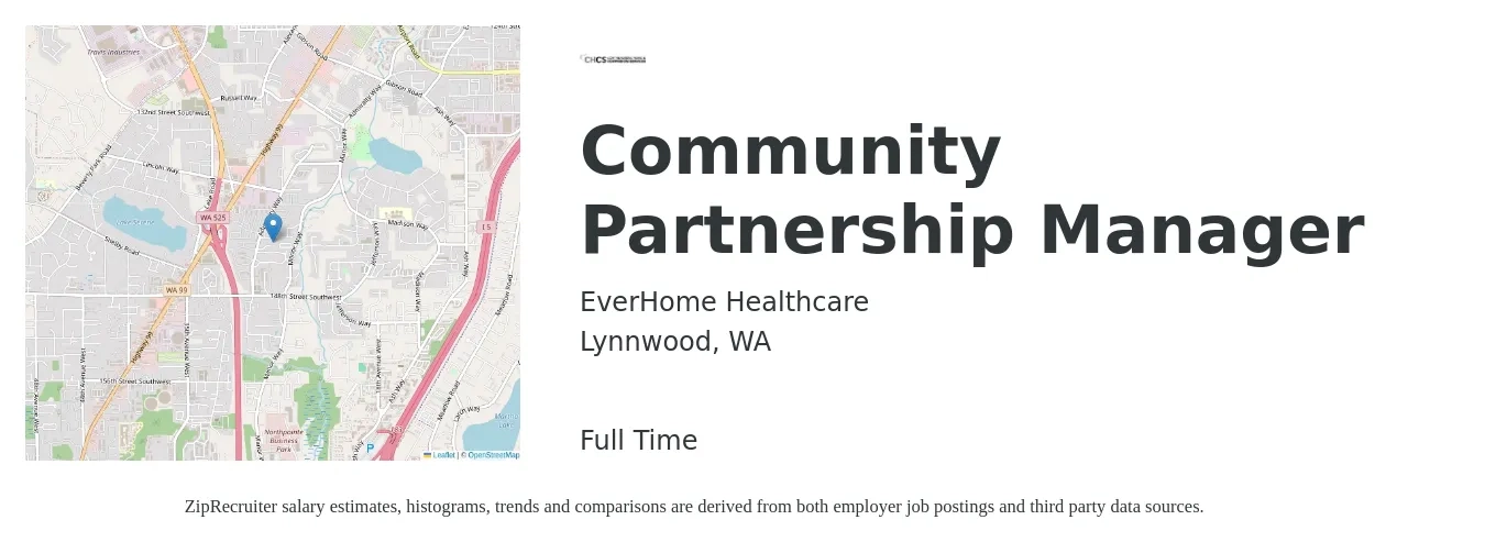 EverHome Healthcare job posting for a Community Partnership Manager in Lynnwood, WA with a salary of $52,000 to $74,200 Yearly with a map of Lynnwood location.