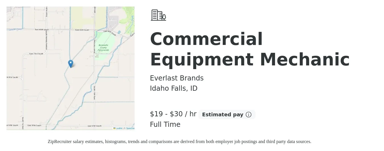 Everlast Brands job posting for a Commercial Equipment Mechanic in Idaho Falls, ID with a salary of $20 to $32 Hourly with a map of Idaho Falls location.