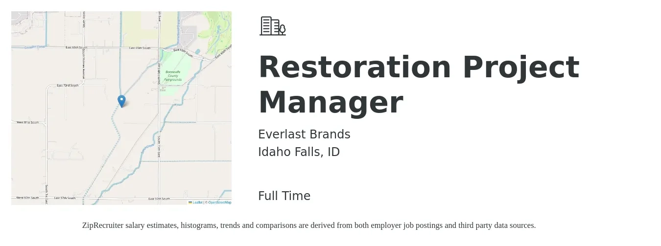 Everlast Brands job posting for a Restoration Project Manager in Idaho Falls, ID with a salary of $38 to $50 Hourly with a map of Idaho Falls location.
