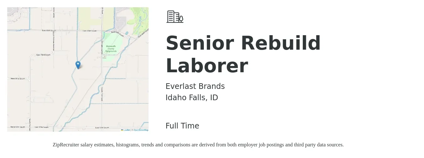 Everlast Brands job posting for a Senior Rebuild Laborer in Idaho Falls, ID with a salary of $17 to $22 Hourly with a map of Idaho Falls location.