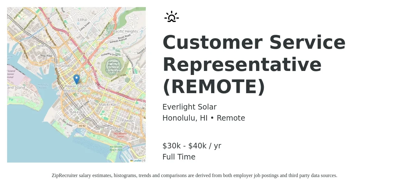 Everlight Solar job posting for a Customer Service Representative (REMOTE) in Honolulu, HI with a salary of $30,000 to $40,000 Yearly with a map of Honolulu location.